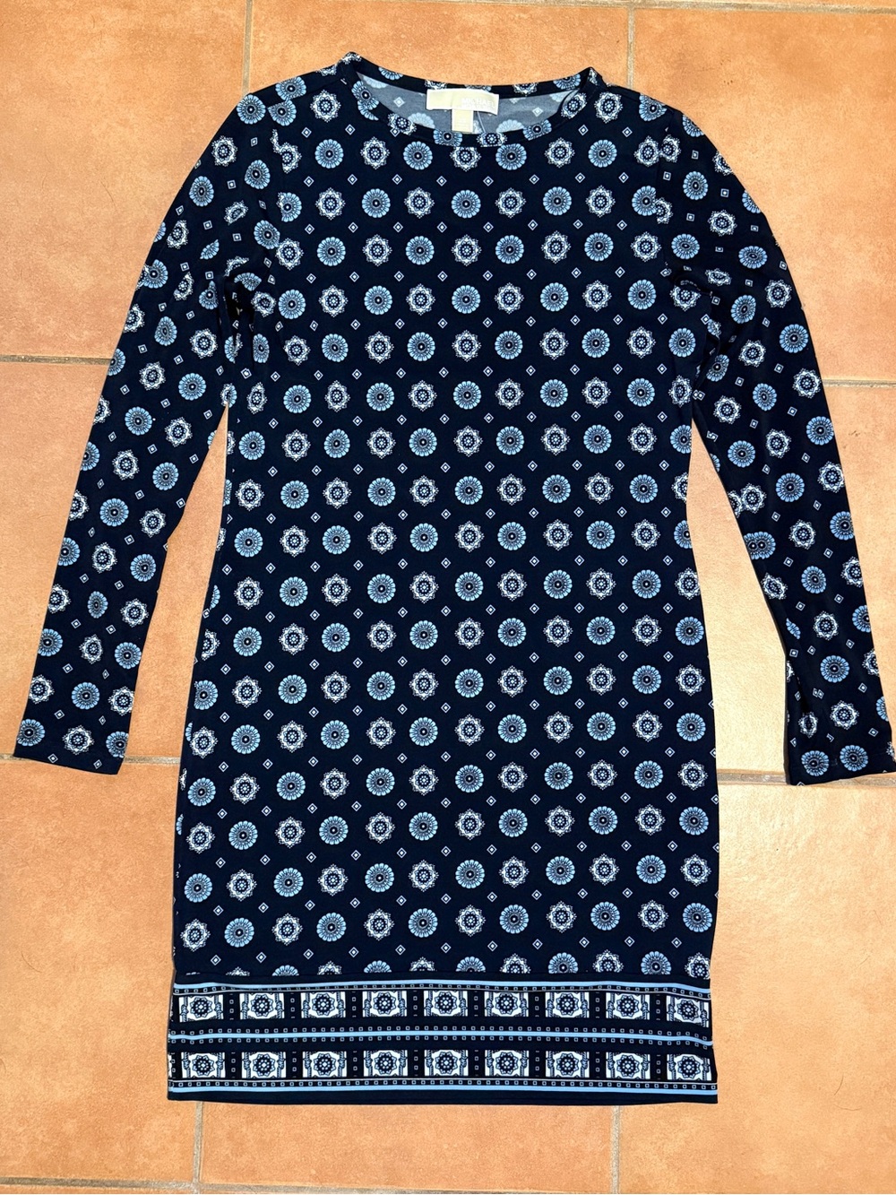 MICHAEL Michael Kors Blue Medallion Print Long Sleeve Jersey Shift Dress Size XS